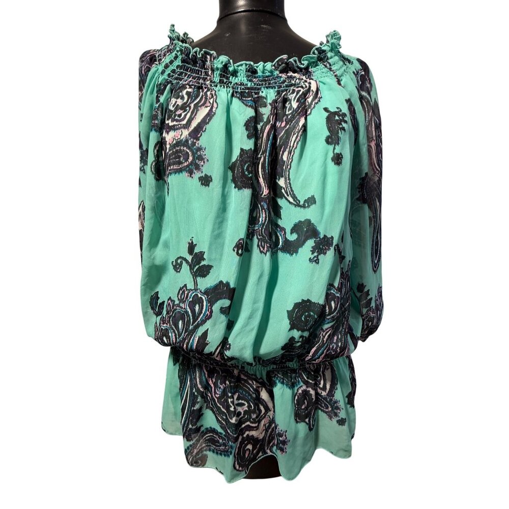 INC International Concepts Women's Peasant Blouse Tunic Top Green Paisley Sheer